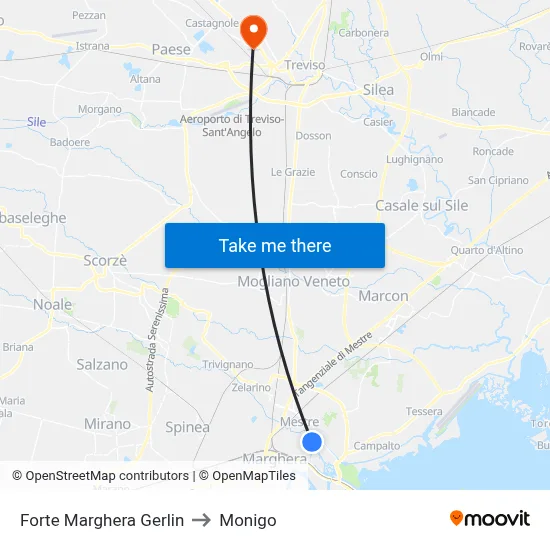 Forte Marghera Gerlin to Monigo map