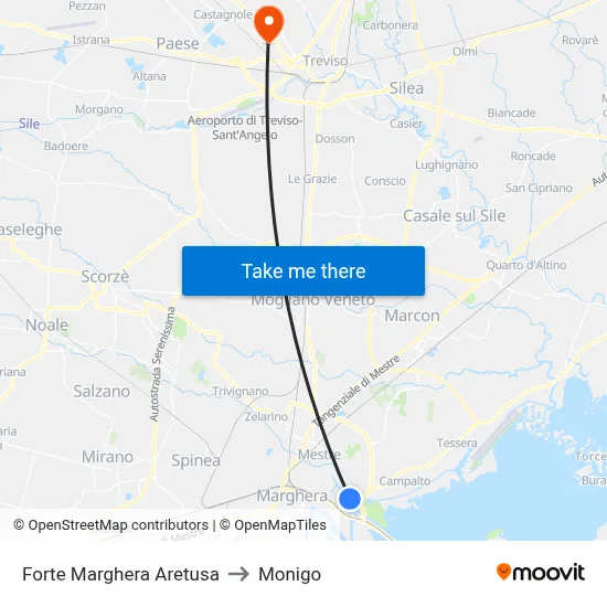 Forte Marghera Aretusa to Monigo map