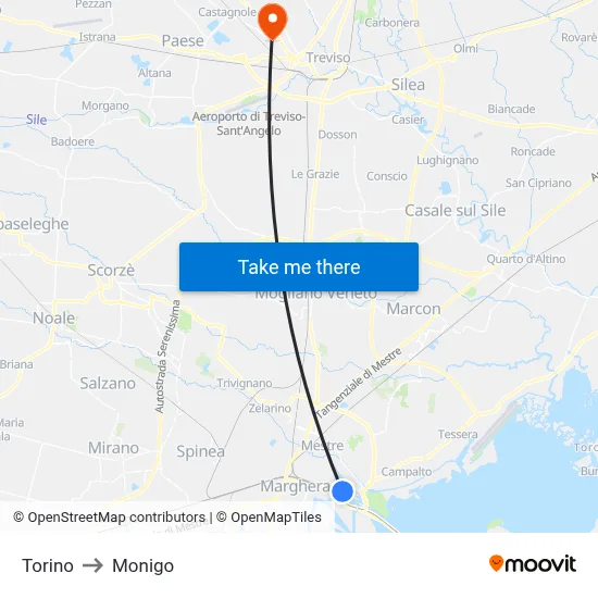 Turin to Monigo map