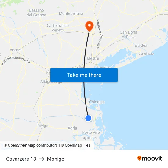 Cavarzere 13 to Monigo map