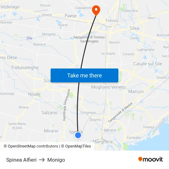 Spinea Alfieri to Monigo map