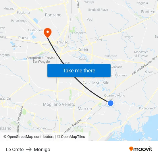 Le Crete to Monigo map