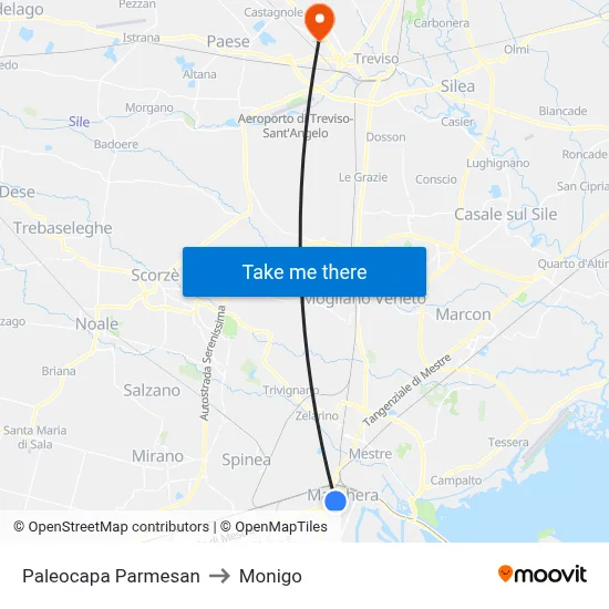 Paleocapa Parmesan to Monigo map