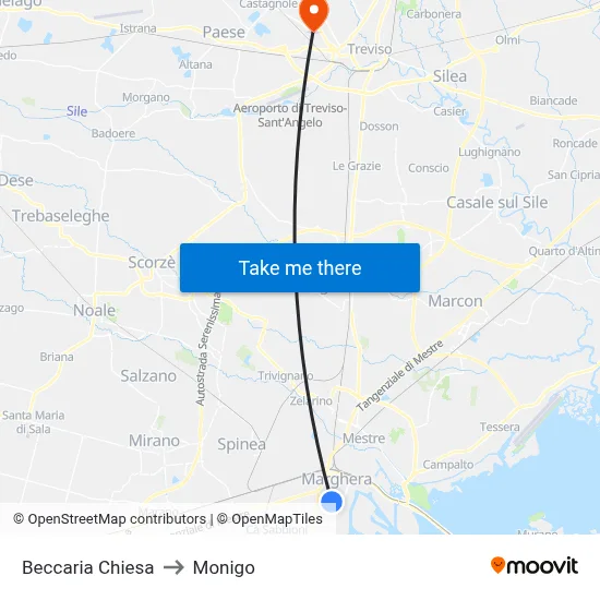 Beccaria Church to Monigo map