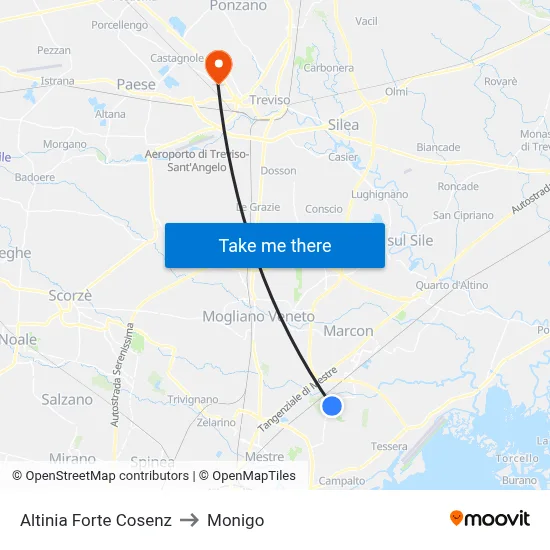 Altinia Fort Cosenz to Monigo map