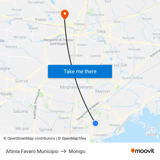Altinia Favaro City Hall to Monigo map
