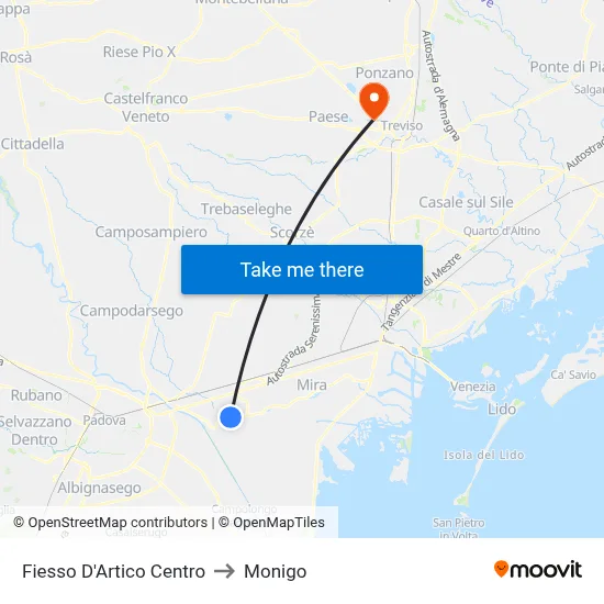 Fiesso D'Artico Center to Monigo map