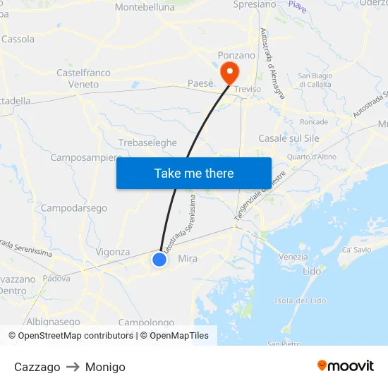 Cazzago to Monigo map