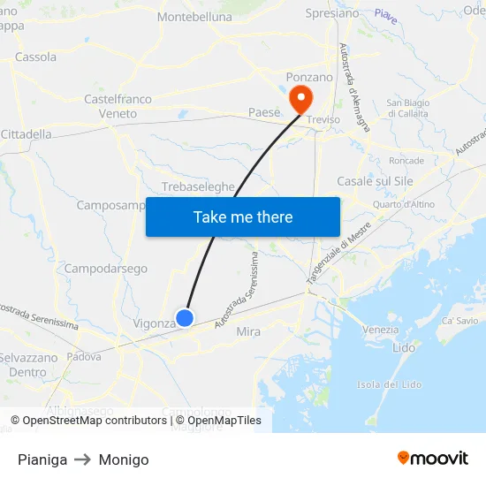 Pianiga to Monigo map
