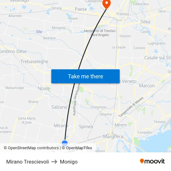 Mirano Trescievoli to Monigo map