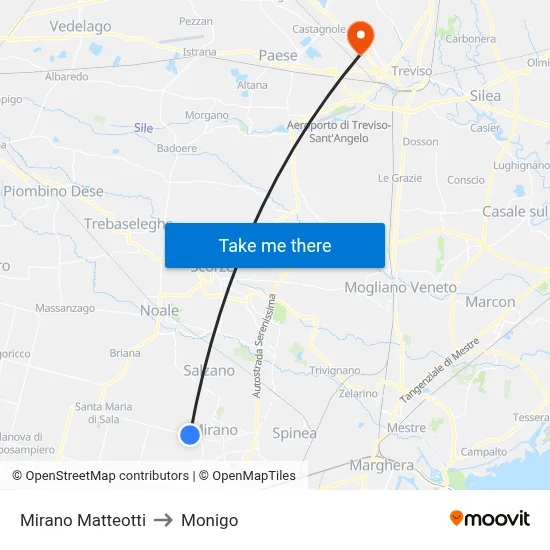 Mirano Matteotti to Monigo map