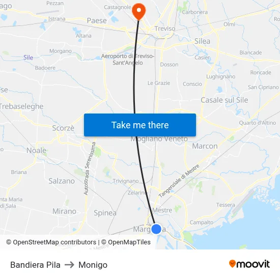 Bandiera Pila to Monigo map