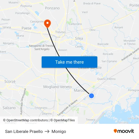San Liberale Praello to Monigo map