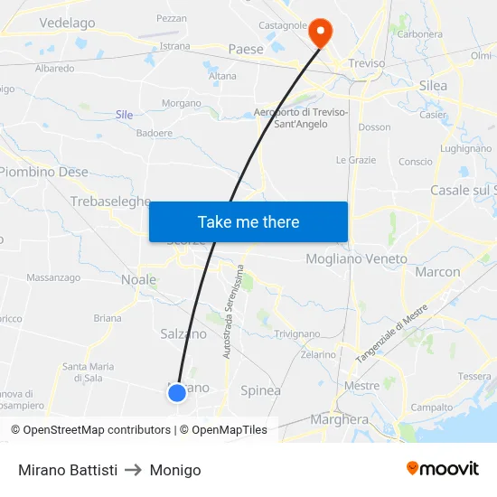 Mirano Battisti to Monigo map