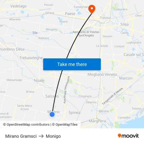 Mirano Gramsci to Monigo map