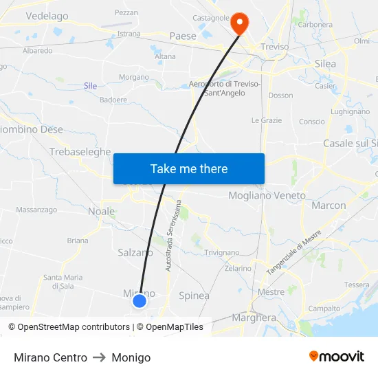 Mirano Center to Monigo map