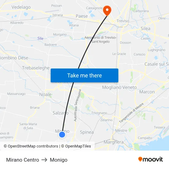 Mirano Center to Monigo map