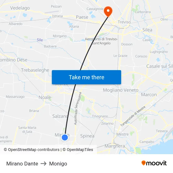 Mirano Dante to Monigo map