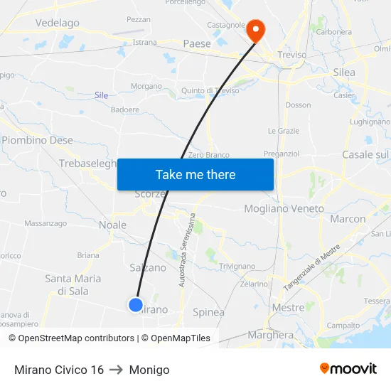 Mirano Number 16 to Monigo map