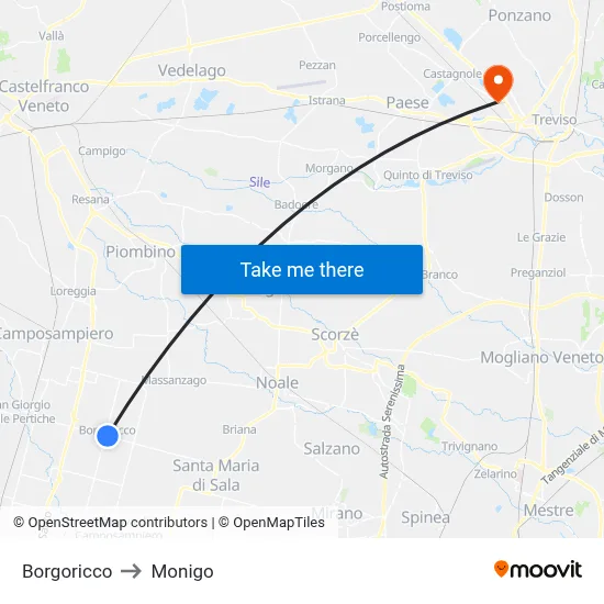 Borgoricco to Monigo map