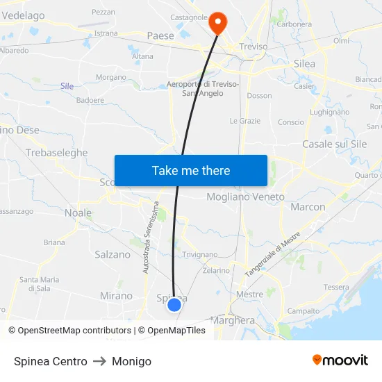 Spinea Center to Monigo map