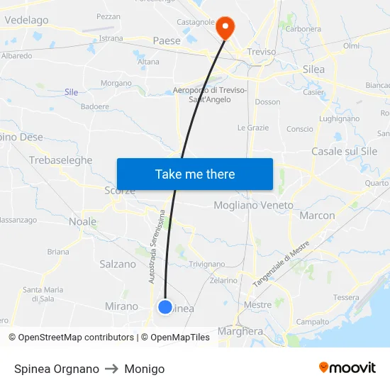 Spinea Orgnano to Monigo map