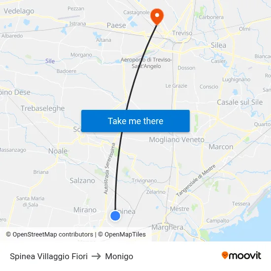 Spinea Flower Village to Monigo map