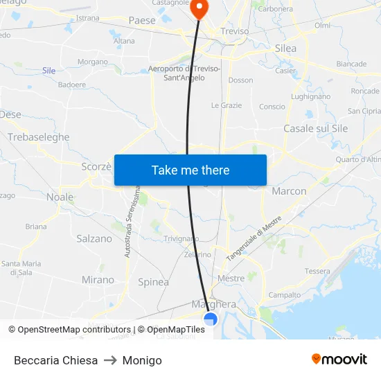 Beccaria Church to Monigo map