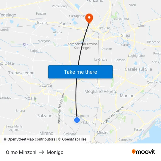 Olmo Minzoni to Monigo map