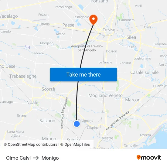 Olmo Calvi to Monigo map