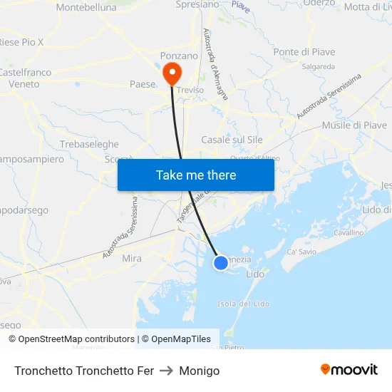Tronchetto Ferry Terminal to Monigo map