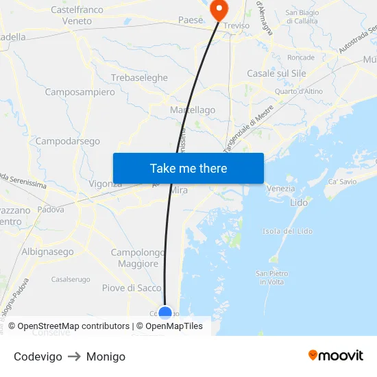 Codevigo to Monigo map