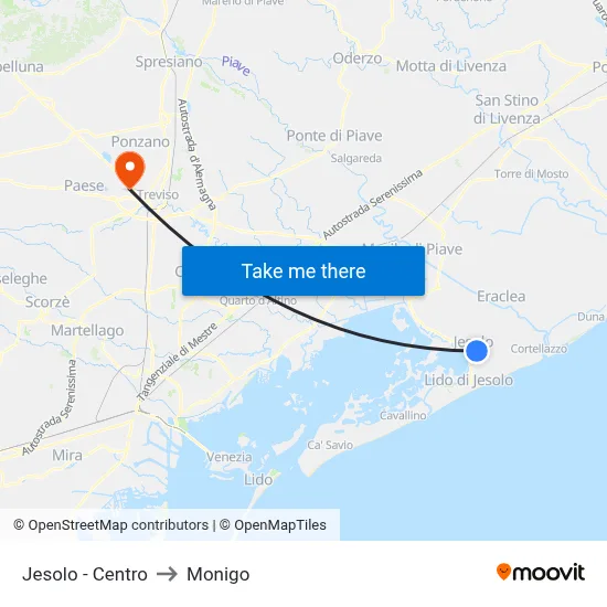 Jesolo - Center to Monigo map