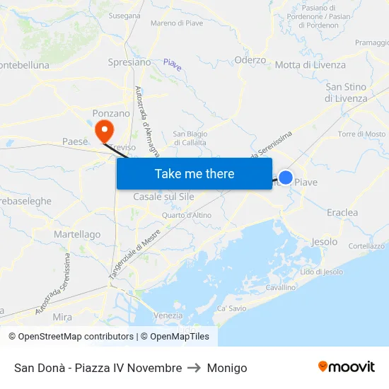 San Donà - Fourth November Square to Monigo map