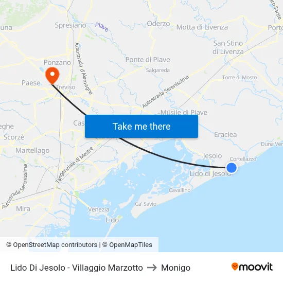 Lido Di Jesolo - Marzotto Village to Monigo map