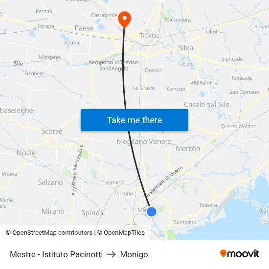 Mestre - Pacinotti Institute to Monigo map