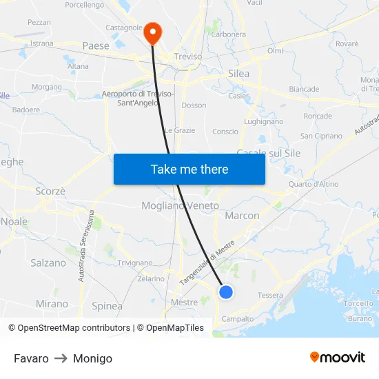 Favaro to Monigo map