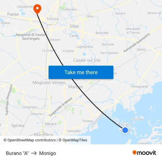 Burano 'A' to Monigo map