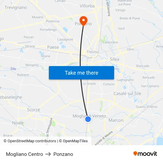 Mogliano Center to Ponzano map