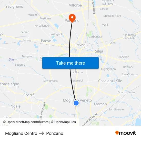 Mogliano Center to Ponzano map