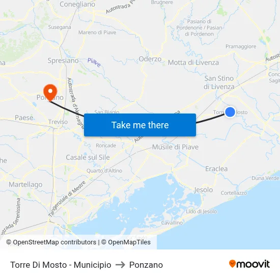 Torre Di Mosto - Town Hall to Ponzano map