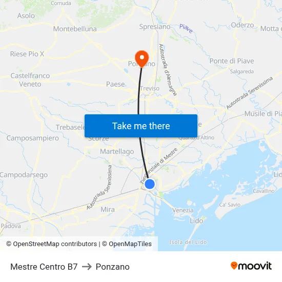 Mestre Center B7 to Ponzano map