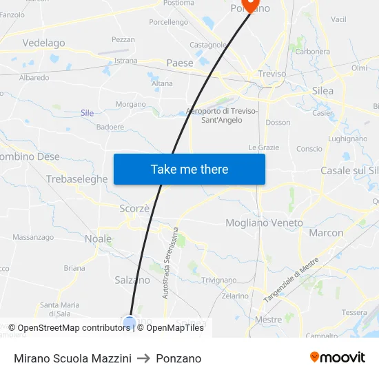 Mirano Mazzini School to Ponzano map