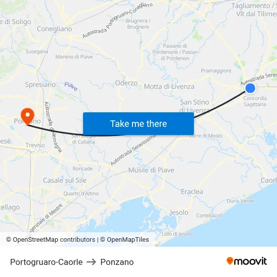 Portogruaro-Caorle to Ponzano map