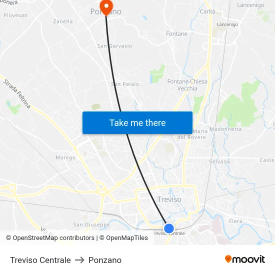 Treviso Central to Ponzano map