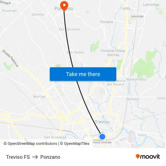 Treviso Station to Ponzano map