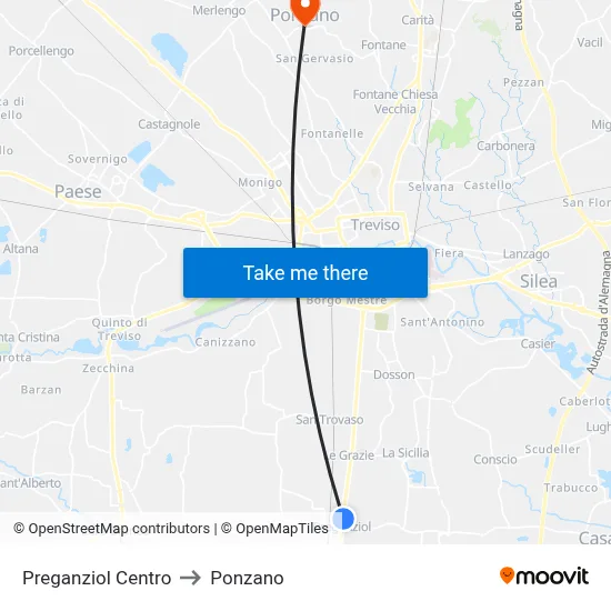 Preganziol Center to Ponzano map