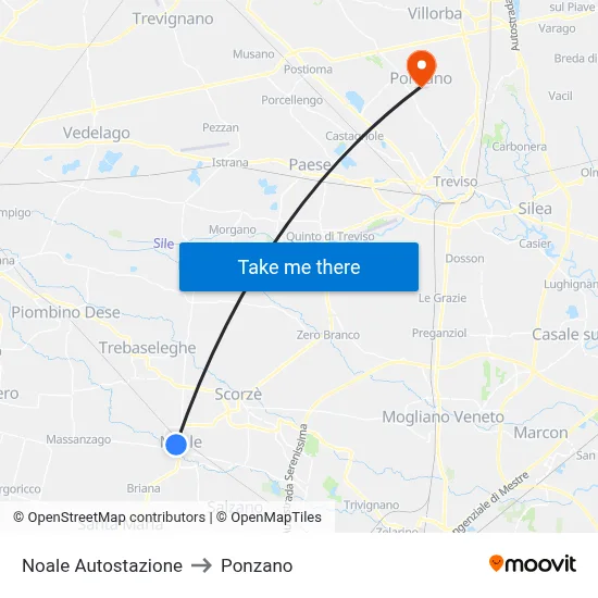 Noale Bus Station to Ponzano map