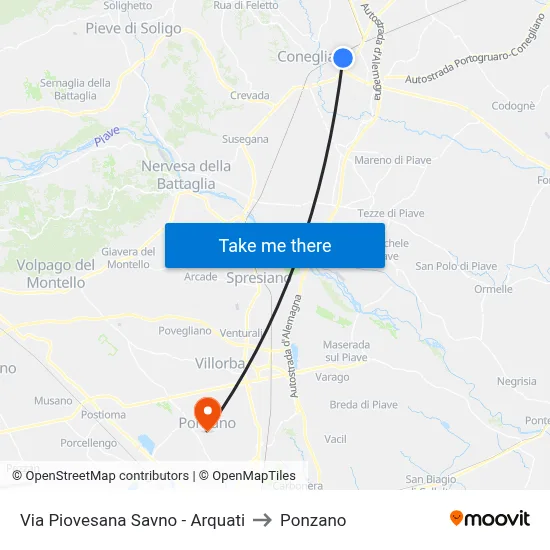 Via Piovesana Savno - Arquati to Ponzano map