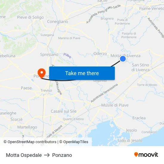 Motta Hospital to Ponzano map